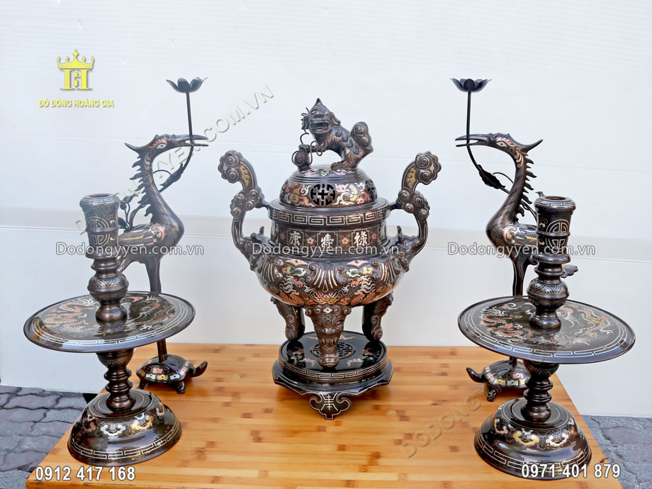 Bộ đỉnh đồng ngũ sự khảm tam kh&iacute; h&agrave;ng kỹ tuyệt đẹp